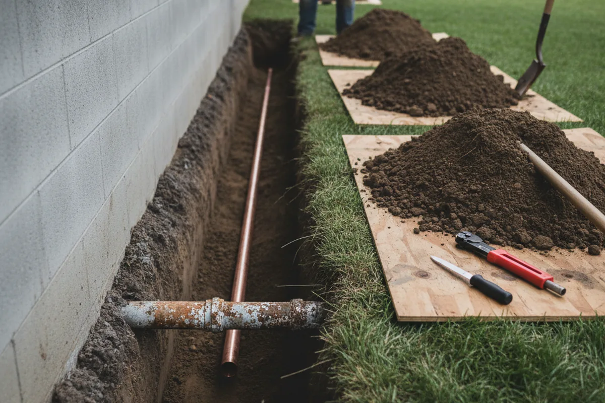 Excavated water line trench during Water Heater Repair in Frederica